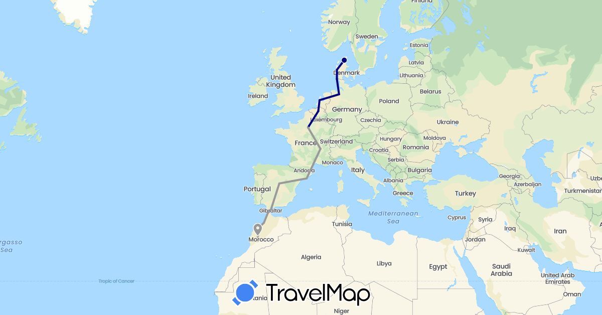 TravelMap itinerary: driving, plane in Belgium, Germany, Denmark, Spain, France, Gibraltar, Morocco, Netherlands (Africa, Europe)
